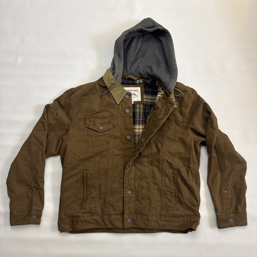 American Eagle Jacket Removable Hood Plaid Lined Corduroy Collar Men XL Workwear